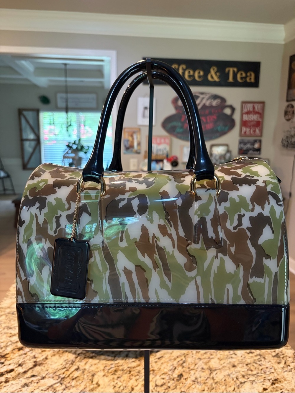 Furla Green, Brown & White Camo Patent Duffel camouflage